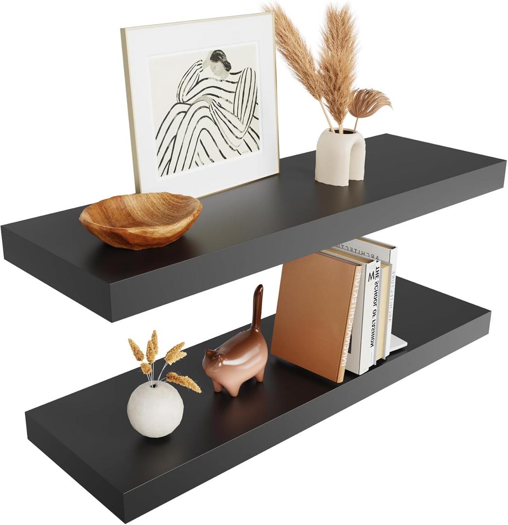 Merapi Black Floating Shelves, 24 Inch Wall Shelves for Bathroom, Bedroom, Hanging Shelf for Wall Storage, Wall Mounted Wooden Shelves for Toilet, Kitchen, Office, Living Room Decor(Set of 2)