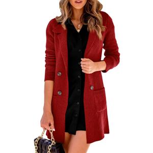 Danedvi Women Open Front Lapel Collar Cardigan Button Down Long Sweaters Cardigan Solid Outerwear Coats (Small, Wine Red)