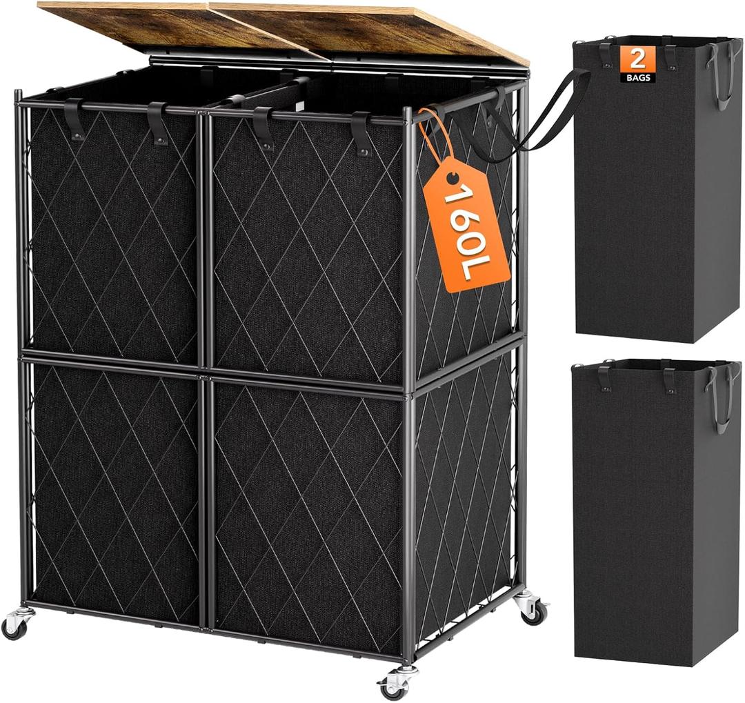 BSSN 160L Laundry Basket with Wheels, Laundry Hamper with Lid, Extra Large 2 Section Clothes Basket with Removable Waterproof Bags, Heavy Duty Metal Laundry Sorter Organizer (Black)