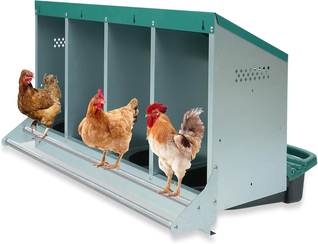 Chicken Nesting Box, 4 Holes Nesting Boxes, Heavy Duty Metal Laying Boxes, Roll Away Nesting Box Egg Collection Tray, with Roosting Pole for Chicken Coop(Green)
