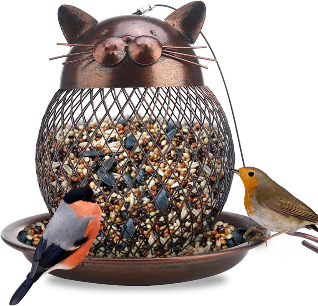 Outside Wild Bird Feeder, Heavy Duty Metal Frame Squirrel Proof Bird Feeders Hanging for Garden Yard Outdoor Decoration, Cute Cat Shaped
