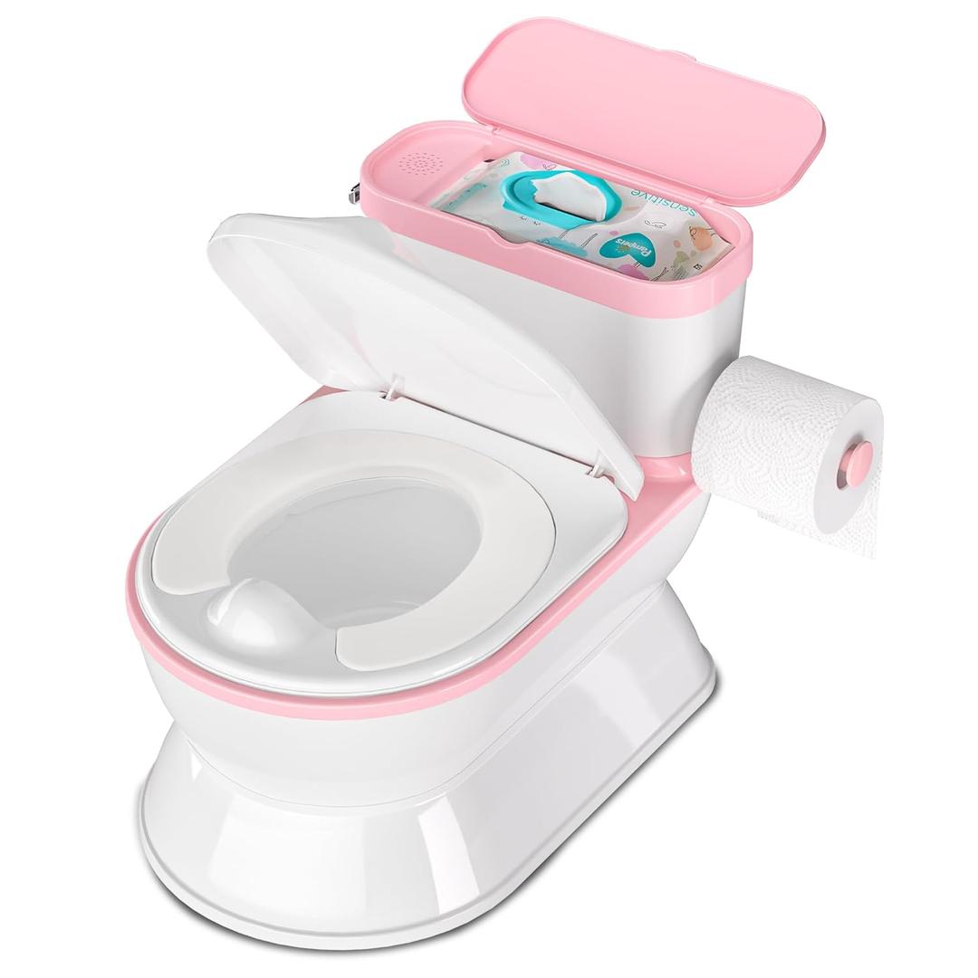 2-in-1 Toddler Potty Training Toilet - Larger Potty Chair & Detachable Training Seat for Boys & Girls Ages 1-3 with Flushing Sound, Wipes Storage, Toilet Paper Holder - Pink