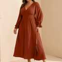 RWJ Plus Size Wedding Guest Dress for Women Deep V Neck Long Sleeve High Waist Slit Formal Cocktail Party Fall Maxi Dresses (Brown)