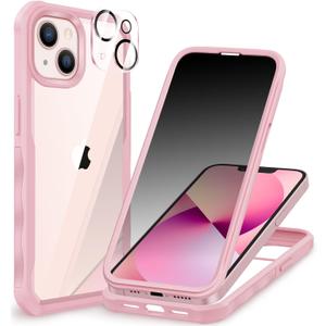 CENHUFO for iPhone 14 Case/iPhone 13 Case, Privacy Phone Cover with Built-in Anti Peep Tempered Glass Privacy Screen Protector and Camera Lens Protective Full Body Shockproof Clear Bumper - Pink