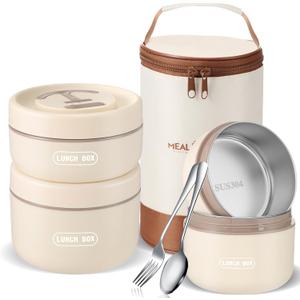 Dandat 3 Pcs Portable Insulated Lunch Container Set for Adult, Stackable Stainless Steel Bento Box for Hot Food with Insulated Lunch Bag Unisex 3 Separate Thermal Food Container(Beige,Round)