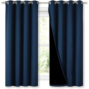 NICETOWN 100% Blackout Curtains with Black Liners, Thermal Insulated Full Blackout 2-Layer Lined Drapes, Energy Efficiency Window Draperies for Bedroom (Moroccan Blue, 2 Panels, 52" W by 63" L)