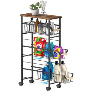 4-Tier Slim Rolling Cart with Pull-Out Baskets & Wooden Top Narrow Mobile Storage Organizer, Multipurpose Utility Cart with Handle for Small Spaces, Kitchen, Bathroom, Laundry Room, Office, Brown