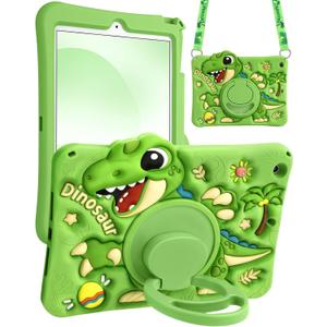 Boaretiu for iPad 9th/8th/7th Generation Case 10.2 inch (2021/2020/2019) - Cute Cartoon Silicone Tablet Case Cover with Adjustable Shoulder Strap & Rotating Stand for Kids Boys Girls, Green Dinosaur