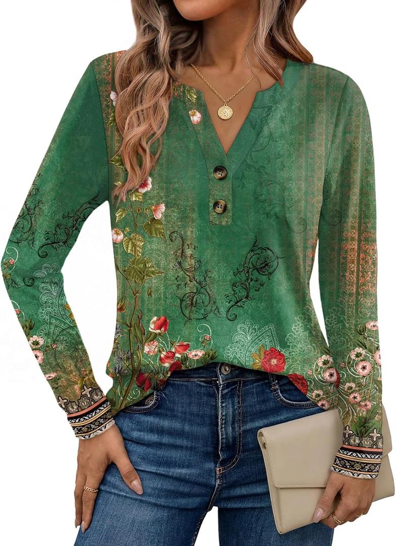 Dealmore Women's Boho Henley Printed Shirts V-Neck Tunic Tops (Green, L)