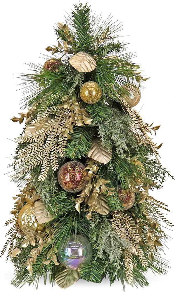 HGTV Home Collection Artificial Topiary Christmas Tree, Evergreen and Bristle Branch Tips, Decorated with Golden Sprigs and Leaves, Gold Ball Ornaments, Champagne Wishes Collection, 26 Inches