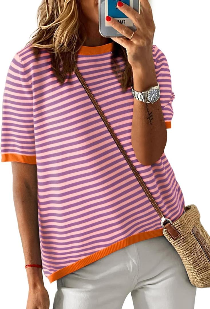 Dokotoo Womens Tops Casual Summer Crewneck Short Sleeve Striped Color Block Knit High Low Trendy Pullover Sweaters (X-Large)