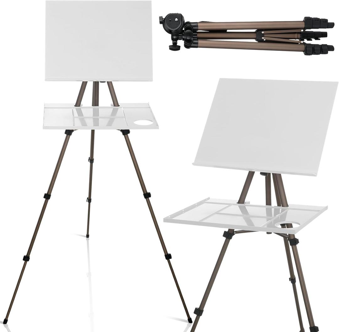 Ireer 17-65 Inch Artist Watercolor Portable Easel with Sturdy Tripod Adjustable Aluminum Metal Easel Stand with Tray Lightweight Travel Easel for Painting Canvas Kids Adults Tabletop Floor Display
