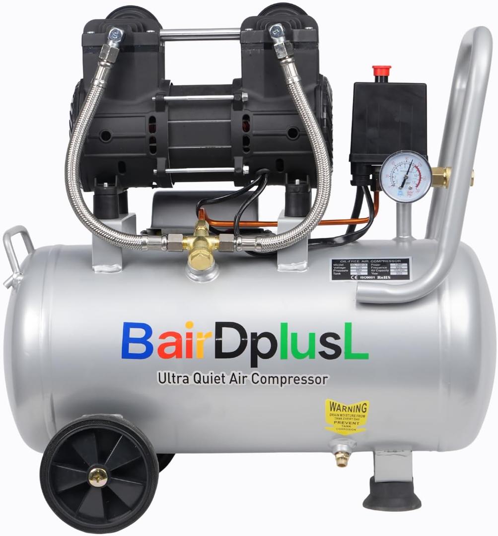 BairDplusL 8 Gallon Ultra Quiet Air Compressor 110V/60Hz 1.5HP 8.8CFM MAX 115PSI Steel Tanks Oil-Free 70dB Noise Level Light & Quiet Portable Air Compressor with Wheels for, Auto Repair