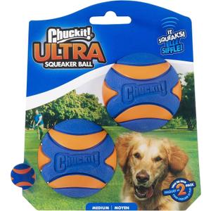 Chuckit! Ultra Squeaker Balls for Dogs, Floating Water Pet Toys, Durable Rubber Pet Toy, Bouncy Squeaky Fetch Balls For Dogs, Pack of 2, Medium (2.5")