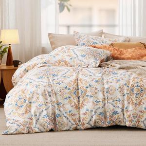 Bedsure Duvet Cover King Size - Reversible Floral Duvet Cover Set with Zipper Closure, 3 Pieces Bohemian Orange Bedding Set with 8 Corner Ties and 2 Pillow Shams 20"x36" (06 - Apricot Buff (No Comforter))