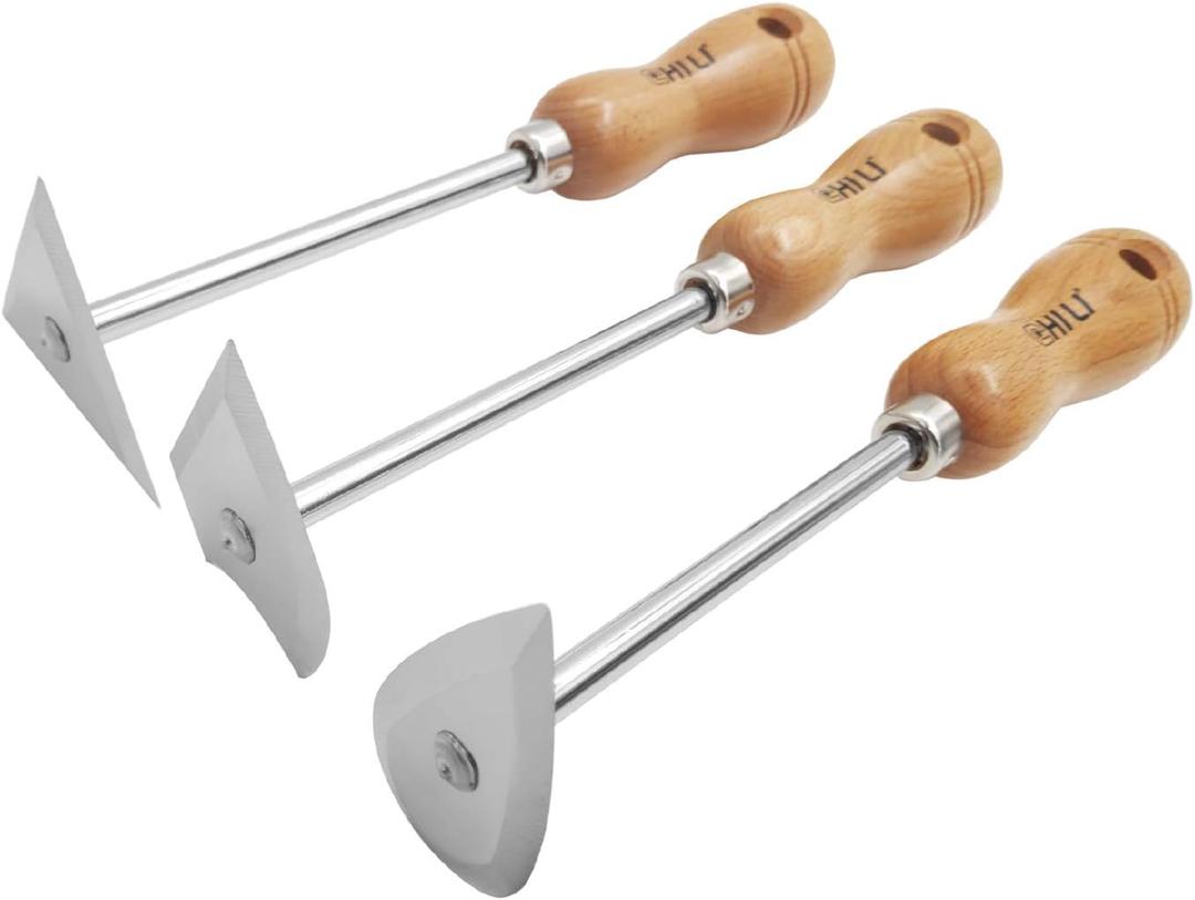 CHILI TOOLS 3PC. Stainless Steel Shave Hook Scraper Set With Wooden Handle, 8-3/4" Length, Made In Taiwan