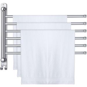 Teenyyou Swivel Towel Rack 16.5 Inches 304 Stainless Steel 6 Arms Bathroom Towel Rack Hanger Pool Holder Wall Mounted Swivel Bar Space Saving with Hook, Sliver
