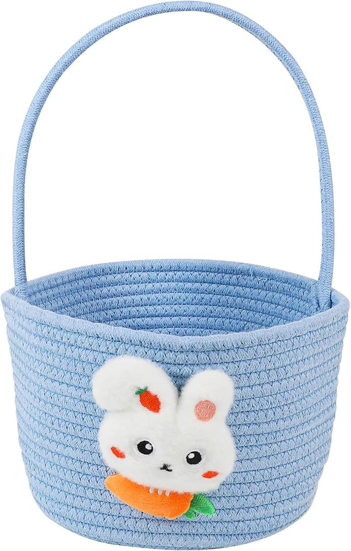 DERAYEE Easter Basket with Handle, Cute Bunny Carrot Basket Easter Egg Hunts Gift Baskets for Easter Party Favors Candy Gifts Storage (Blue)