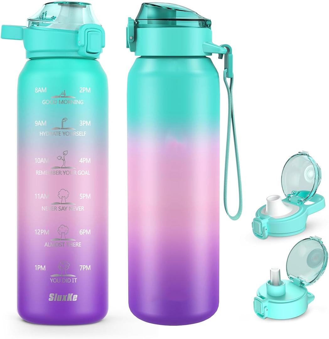 32oz Insulated Water Bottle with handle BPA Free, 316 Stainless Steel Water Bottles 1000ml with Time Marker Double Walled, 1000ml Metal Water Flask Jug for Hiking, Biking, Running (GREEN PINK PURPLE)