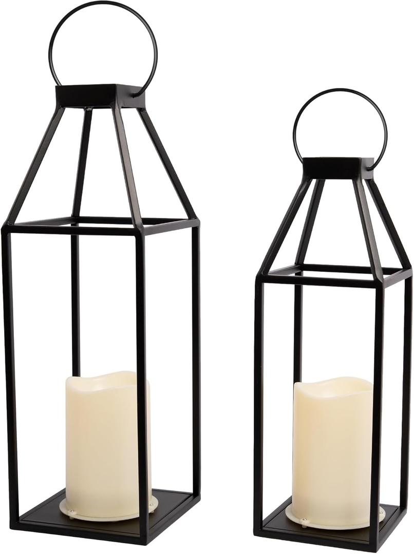 HPC Decor 2PCS Solar Lanterns for Outdoor Decor- 18in 15in Black Metal Candle Lanterns w/ Waterproof Solar Powered Candles- Modern Farmhouse Hanging for Front Porch,Yard Garden Patio