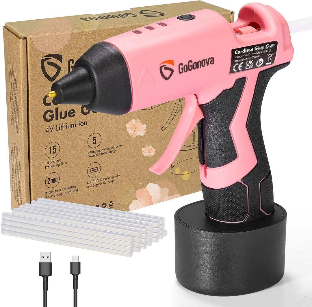GoGonova Cordless Glue Gun, 15s Fast Preheating 2Ah Cordless Hot Glue Gun with 25 Pcs Premium Mini Glue Gun Sticks, USB-C Battery Rechargeable hot glue gun, Smart Power-Off, Pink