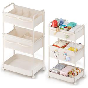 Baby Diaper Caddy, Premium Metal& Felt Movable Cart with Dividers for Newborn Nursery Essentials, Large Capacity Rolling Diaper Storage Caddy Organizer for Changing Table &Crib, Easy Assembly, Beige