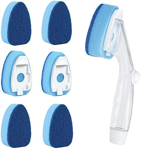 Clioran Dishwand Refills Soap Control Handle,6 Heavy Duty Dish Wand Sponge Heads,Non Scratch Scrubbers Replacement Refill Brush Dispenser,Dishwashing Scrub for Sink Stick Kits Dishwasher Cleaning Tool