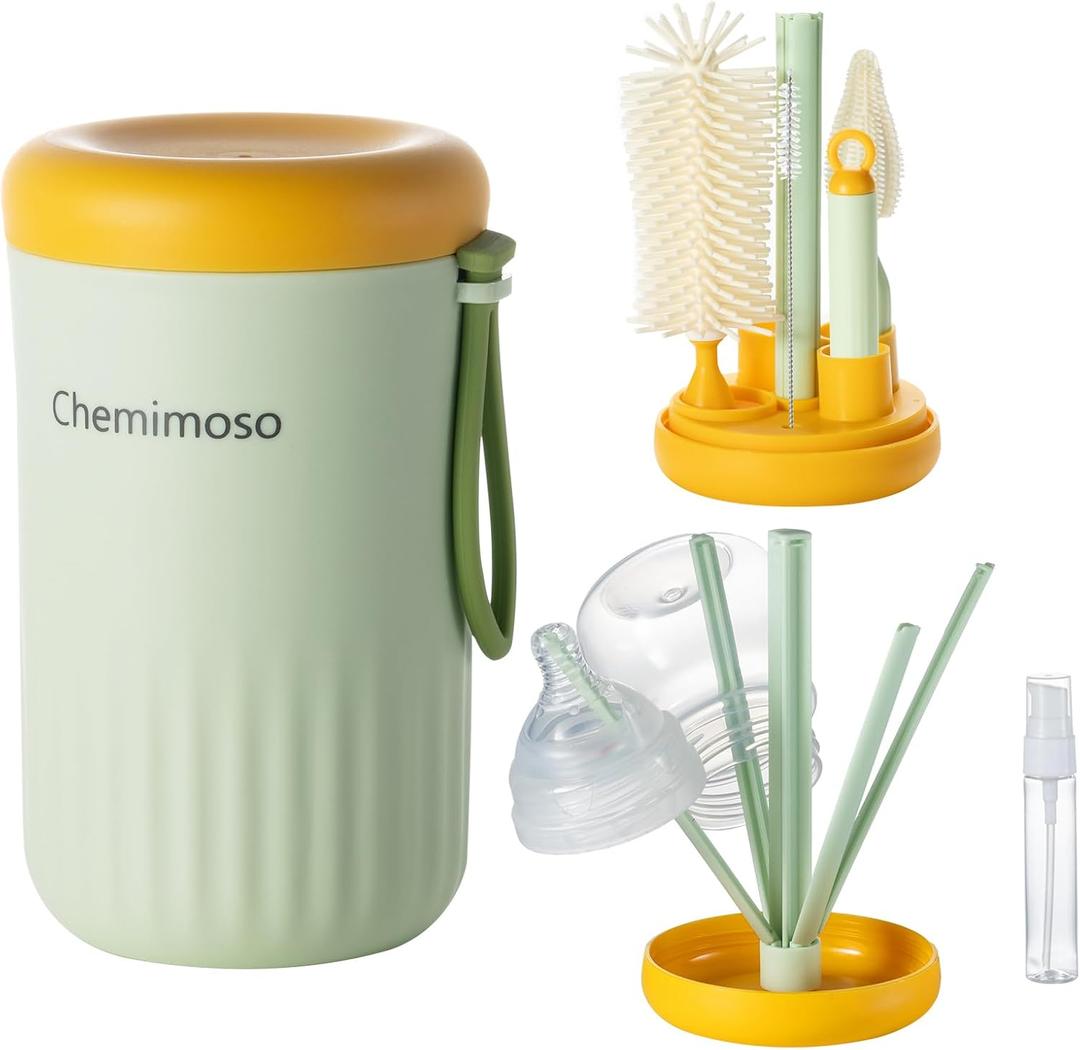 Chemimoso Travel Silicone Baby Bottle Cleaner Brush Set, Foldable Baby Bottle Drying Rack, Essential Cleaning Set for Outdoor Travel, Orange and Green