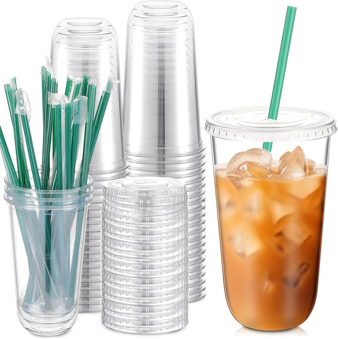 Baderke 25 Set Plastic Cups with Lids and Straws, Disposable Plastic Iced Coffee Cup for Cold Beverage Juice Smoothie Crystal for Coffee Shops Party Catering(Clear,18 oz) Baderke 25 Set Plastic Cups with Lids and Straws, Disposable Plastic Iced Coffee Cup for Cold Beverage Juice Smoothie Crystal for Coffee Shops Party Catering(Clear,18 oz)