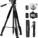 K&F CONCEPT Camera Tripod, 75" Lightweight Portable Travel Outdoor DSLR Tripods for Camera Phone Video Recording Tripod Stand, Cellphone Clip for Smartphone Live Streaming Vlog, Black