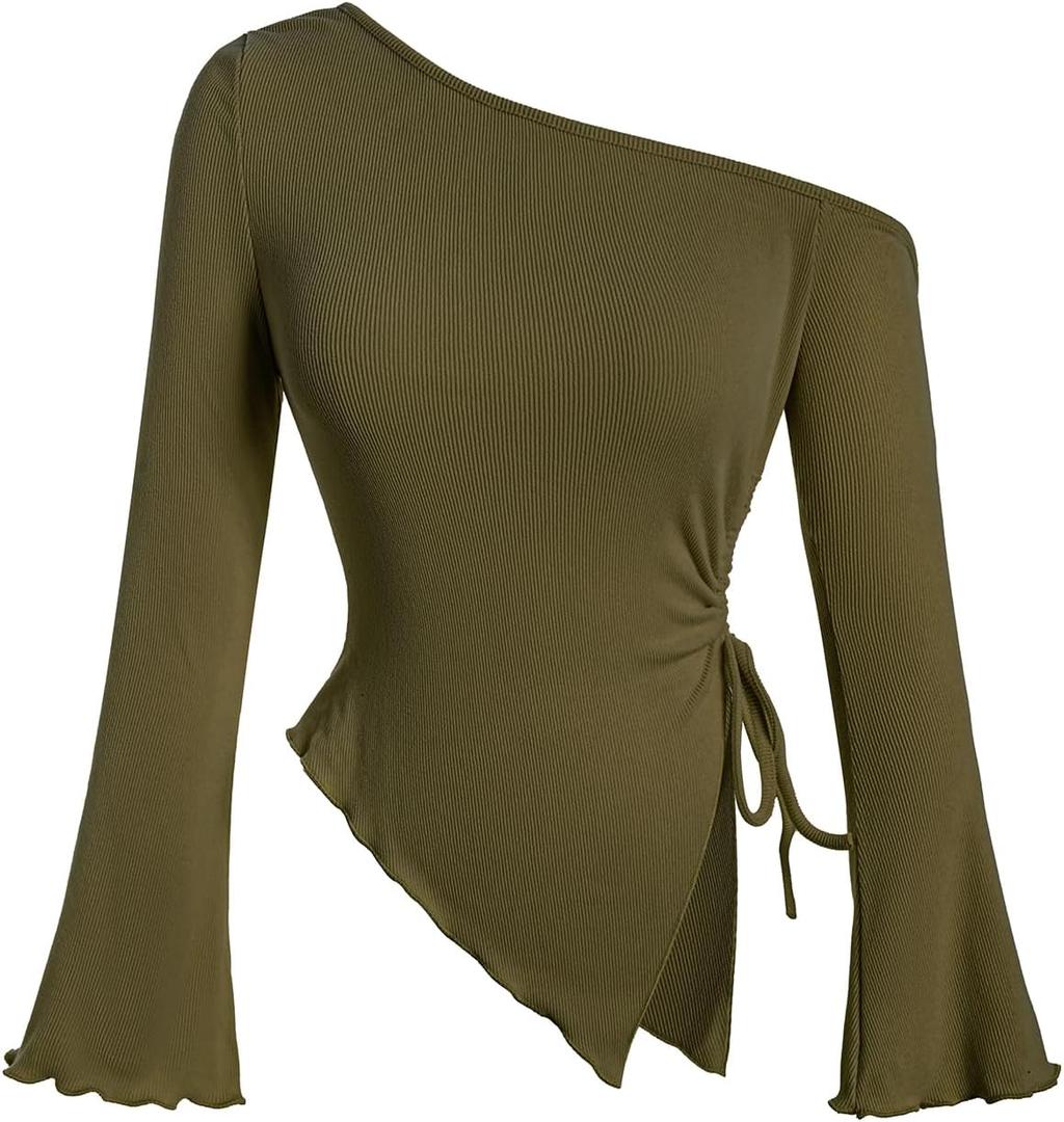 Milumia Women's Ribbed Knit One Off The Shoulder Asymmetrical Long Bell Sleeve Tops Y2K Going Out Tee Shirt Tops (Green) small