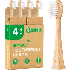 Bamboo Toothbrush Replacement Heads Compatible with Philips Sonicare, Soft Castor-Oil Biodegradable Bristles, Eco-Friendly Bamboo Handle, 4 Pack, Sustainable Daily Cleaning (White)