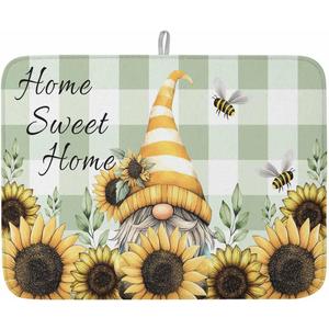 Dish Drying Mat for Kitchen, Farmhouse Dwarf Sunflower Bee Green Buffalo Plaid Absorbent Kitchen Counter Mat, Dish Drying Pad for Dishes, Utensils, Pots and Camping, 18"x24"(1 Panel)