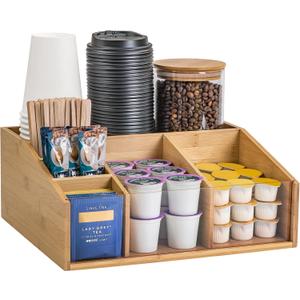 Bamboo Coffee Station Organizer for Countertop, Coffee Bar Accessories Organizer with 6 Compartments for Tea Bags Condiment, Pods, Creamer, Syrup, Cups