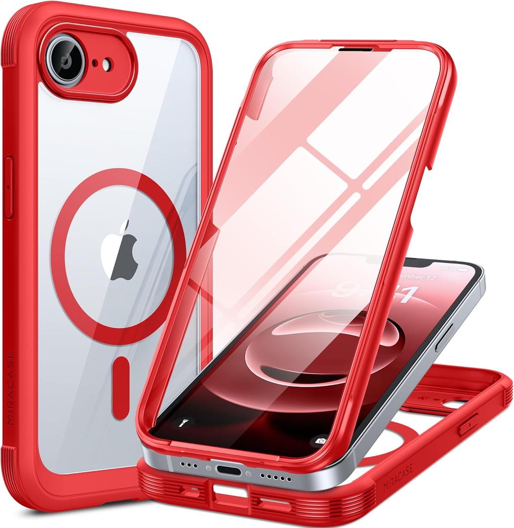 Miracase for iPhone 17e Case & iPhone 16e Case, Full-Body Phone with Built-in Glass Screen Protector, [Magnetic with MagSafe] Military Drop Proof 17 E/ 16 E Cover Bumper 6.1 inch, Red