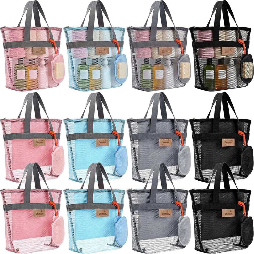 Patelai 12 Set Large Mesh Shower Caddy Bags, Sandproof Beach Tote Bulk with Soap Bag 12.2 x 10.2 Inch Hanging Toiletry Bath Organizer with Zipper & Handle for Gym Beach Dorms Travel Essentials