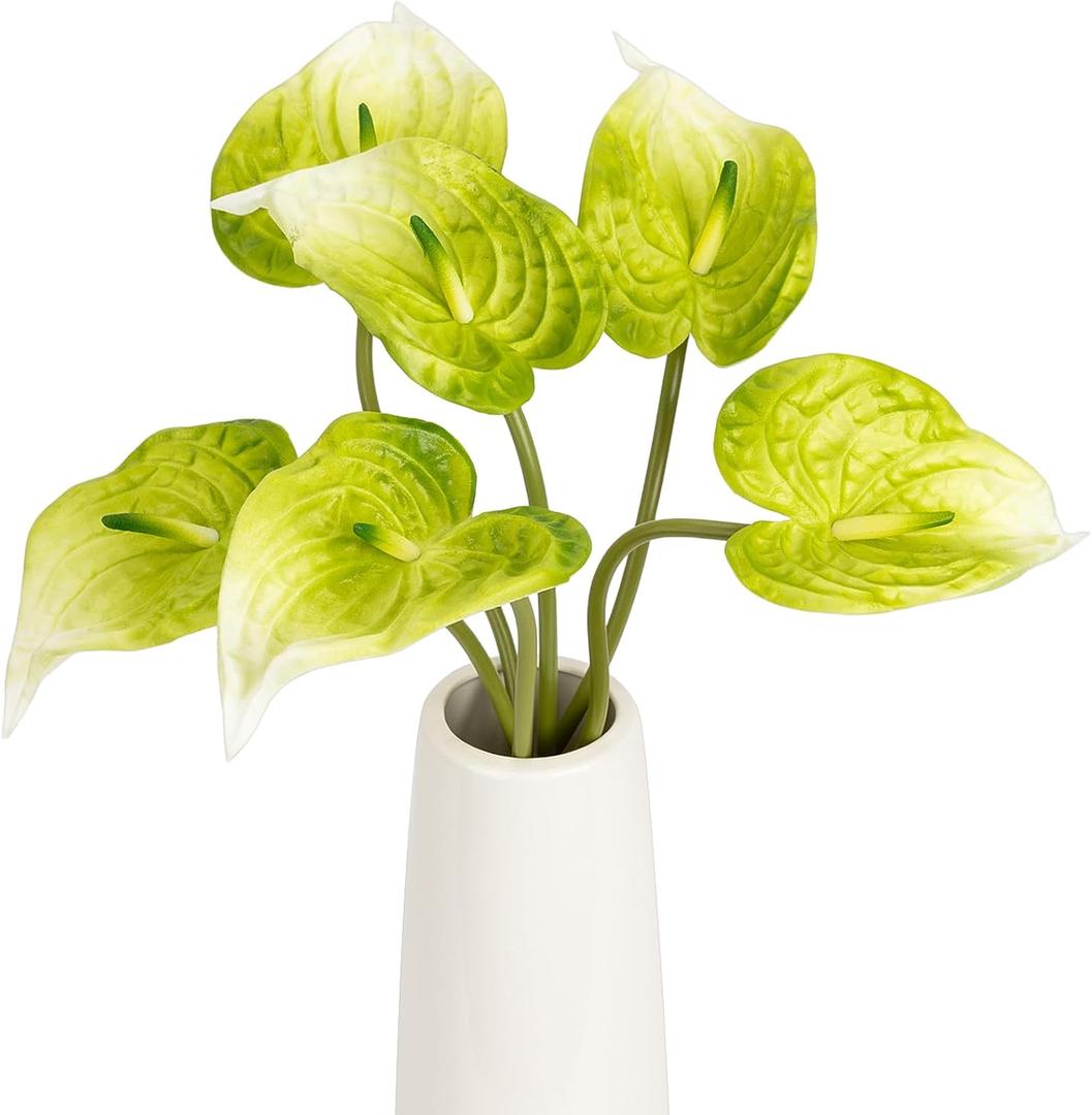 8PCS 21.7inch Anthurium Artificial Flowers Green Faux Silk Anthurium Real Touch Flower Faux Floral Arrangement for Vase Table Centerpieces Wedding Garden Home Decoration (Green)