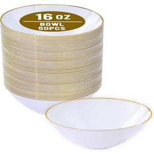 I00000 16 Oz 50 Count White Disposable Soup Bowls with Gold Rim, Plastic Bowls Disposable Premium Heavyweight Elegant Plastic Salad Bowl for Party