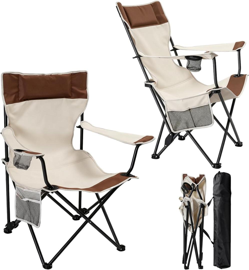 Camping Chairs 2Pack Beach Outdoor Chair for Adults Folding Lawn Chair with Cup Holder, Adjustable Backrest and Carry Bag for Tailgating, Beach, Fishing（Beige）