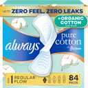Always Pure Cotton, organic cotton top layer pads for women with wings, feminine care, period, menstrual, sanitary, postpartum, toallas sanitarias para mujer, Size 1 Regular Absorbency, Unscented 84ct