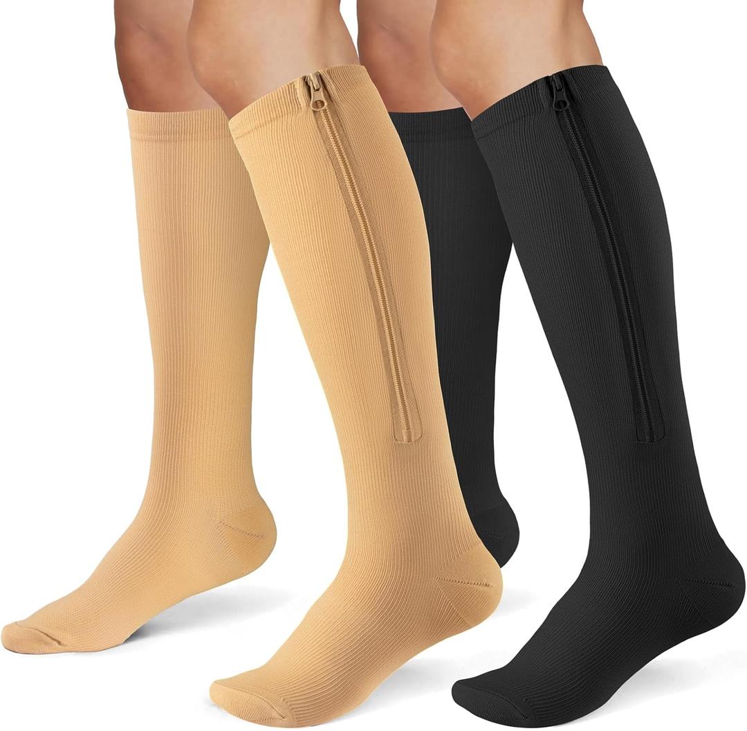 Zipper Compression Socks for Women & Men 2 Pairs,15-20mmhg Closed Toe Compression Stocking is Best for Athletic Running,Hiking (Large-X-Large, black beige)