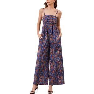 Anoumcy Spaghetti Strap Boho Wide Leg Jumpsuits for Women Summer Casual Sleeveless Long Rompers Trendy One Piece Outfits Size M