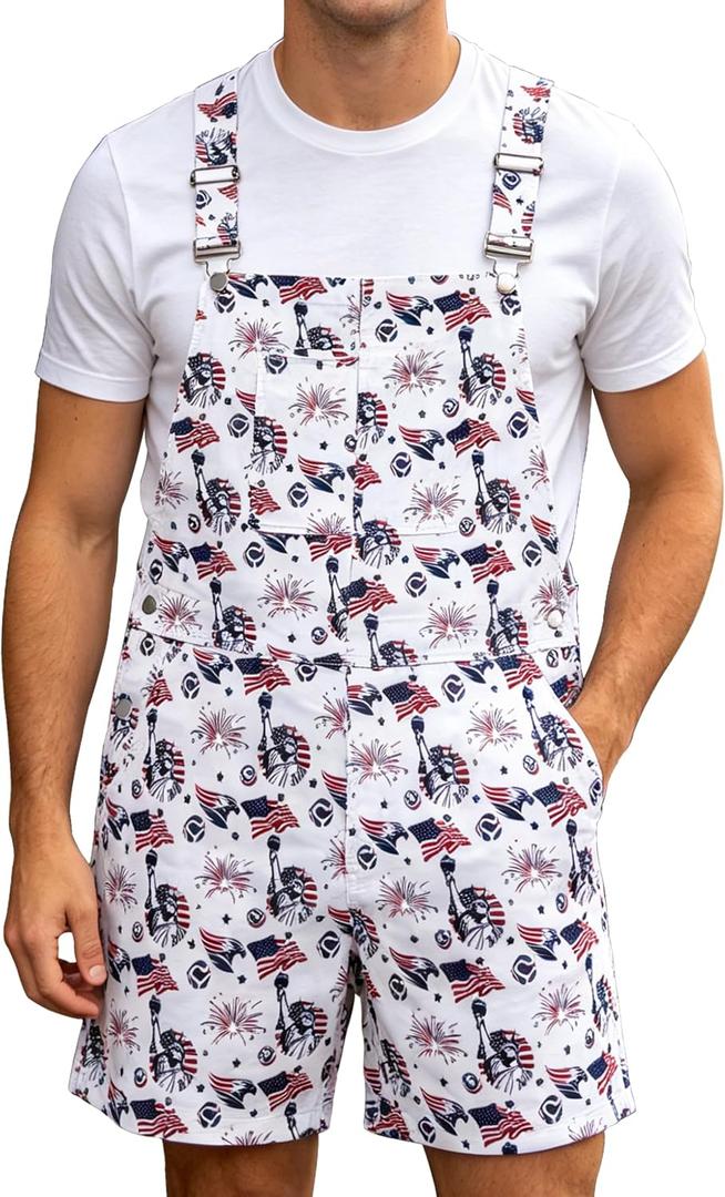 Bindefon Bibs Overalls Men Adjustable Straps Coveralls Shorts Printed Jumpsuit Male Romper (White, XL)
