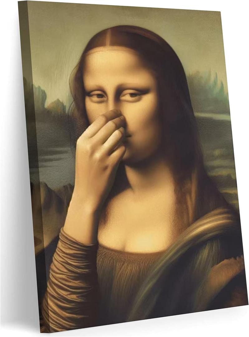 Funny Mona Lisa Bathroom Wall Art, Pinching Nose Canvas Prints, 12x16in | Mona Lisa Bathroom Art, Mona Lisa Classical Painting Picture, Humor Amusing Toilet Artwork, Vintage Decor, Ready To Hang