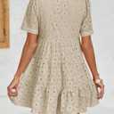 Imily Bela Women's Summer Lace Dresses Eyelet Casual Flowy Babydoll Swing Short Sleeve V Neck Tunic Dress (Beige, M)