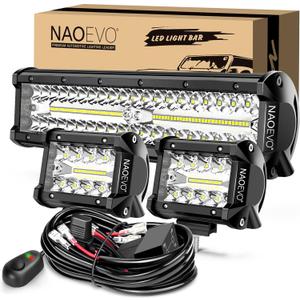 NAOEVO 12Inch LED Light Bar and 2PCS 4Inch LED Pod Lights, 420W 42000LM LED Fog/Driving/Off Road Lights Bar, Spot Flood Combo LED Light Bar with Wiring Harness Kit-3 Lead for Truck ATV Boat