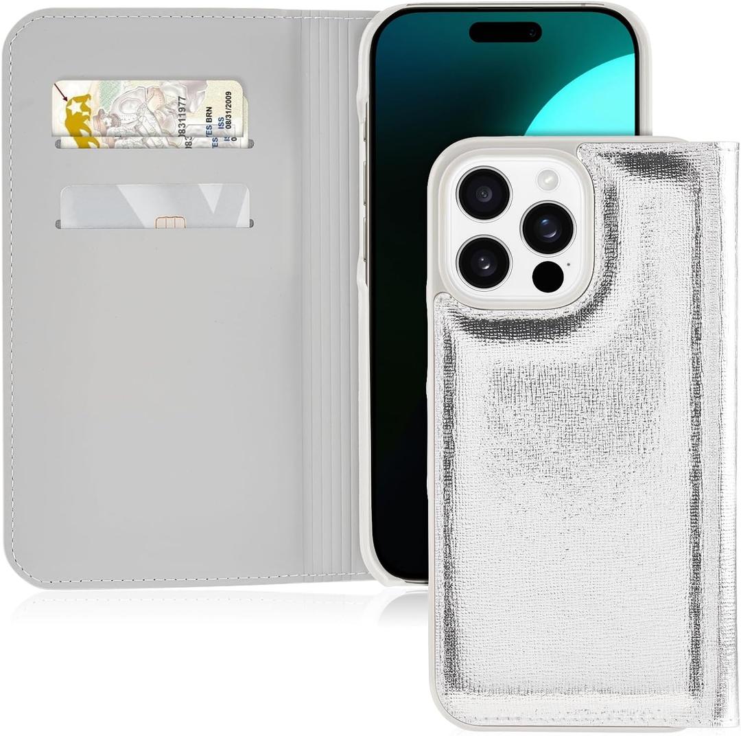 kate spade new york Wallet Folio iPhone 16 Pro Max Case - Compatible with Wireless Charging - Designer Phone Case - Metallic Silver