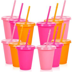 Whaline 18Pcs Colored Plastic Cups with Lids Straws 16oz Light Pink Hot Pink Orange Cold Cups Plastic Tumbler for Home Office Party Supplies