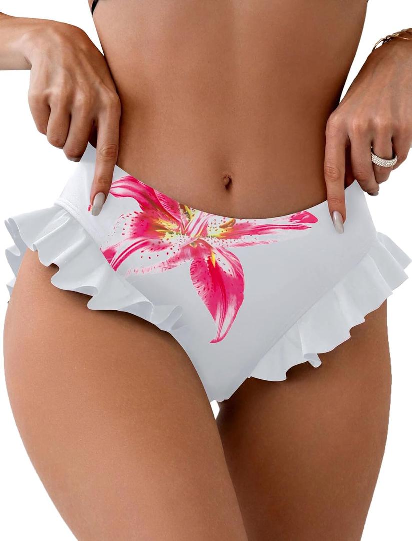 ZAFUL Women Mid Waist Bikini Bottoms Ruffles Full Coverage Swimsuit Bottom Swim Briefs Bathing Suit Bottoms (Medium, 0-white Pink Flowers) ZAFUL Women Mid Waist Bikini Bottoms Ruffles Full Coverage Swimsuit Bottom Swim Briefs Bathing Suit Bottoms (Medium, 0-white Pink Flowers)