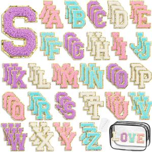 80PCS Chenille Letters Patches, 2.2 Inch Self Adhesive Stickers Patches Varsity Sew On with Gold Glitter Trim, A-Z Multi-Color Letter Patch Sets for Clothing, Bags, Hats, T-Shirt